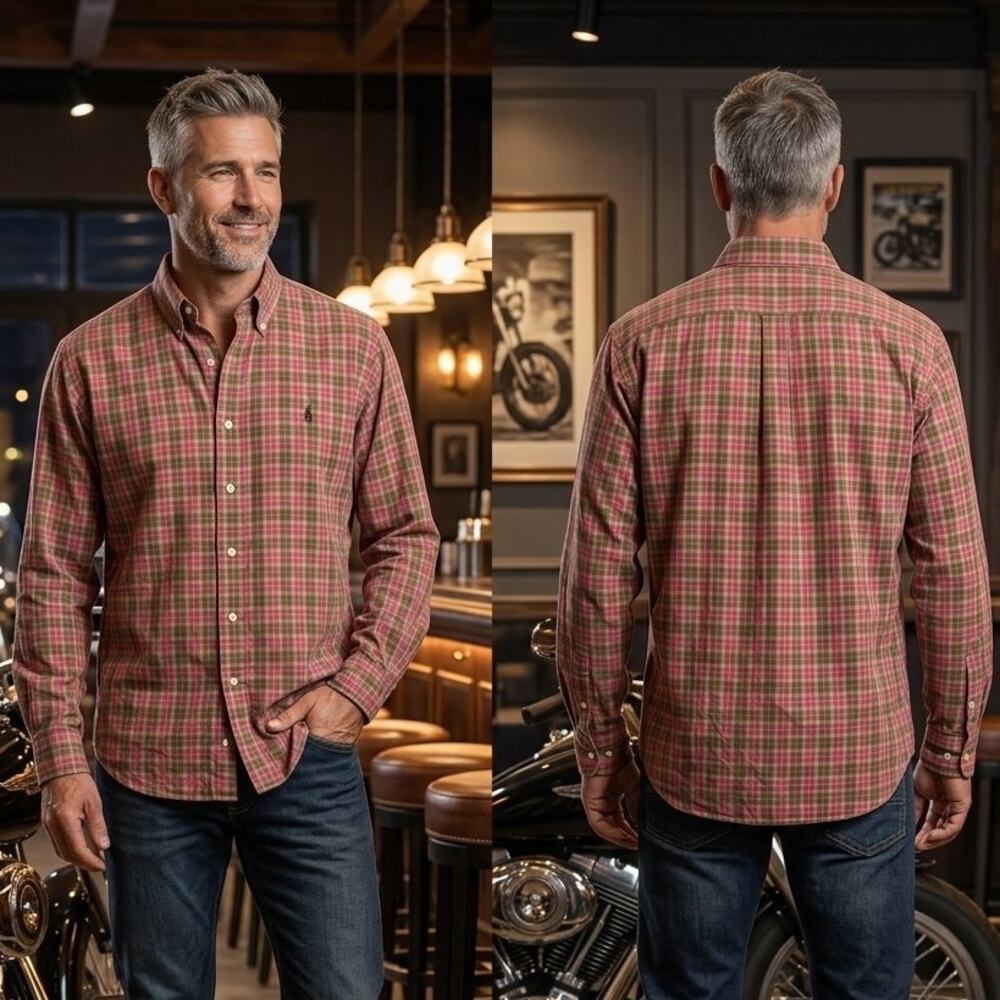 Polo Ralph Lauren Classic Fit Red Olive Plaid Long Sleeve Shirt Mens XL 46 48